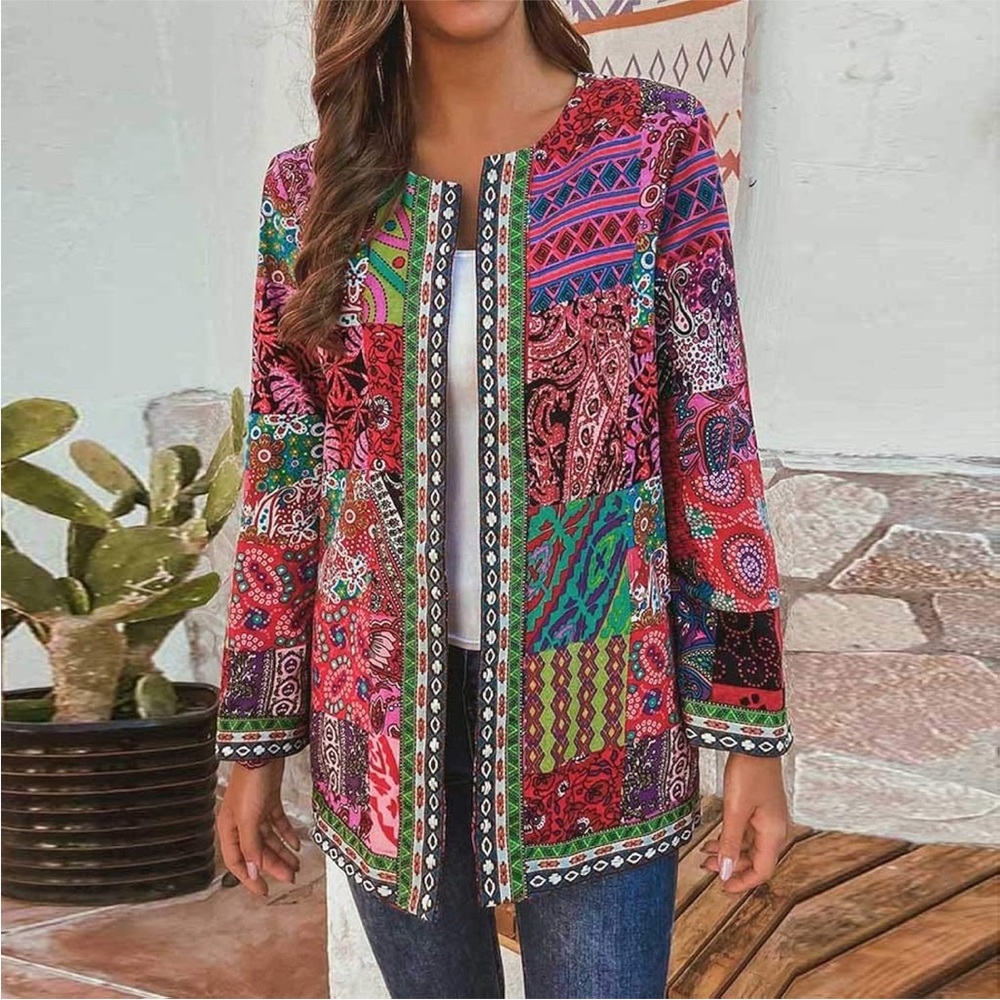 Multicolor Patchwork Open-Front Women's Jacket - Picture 2 of 10